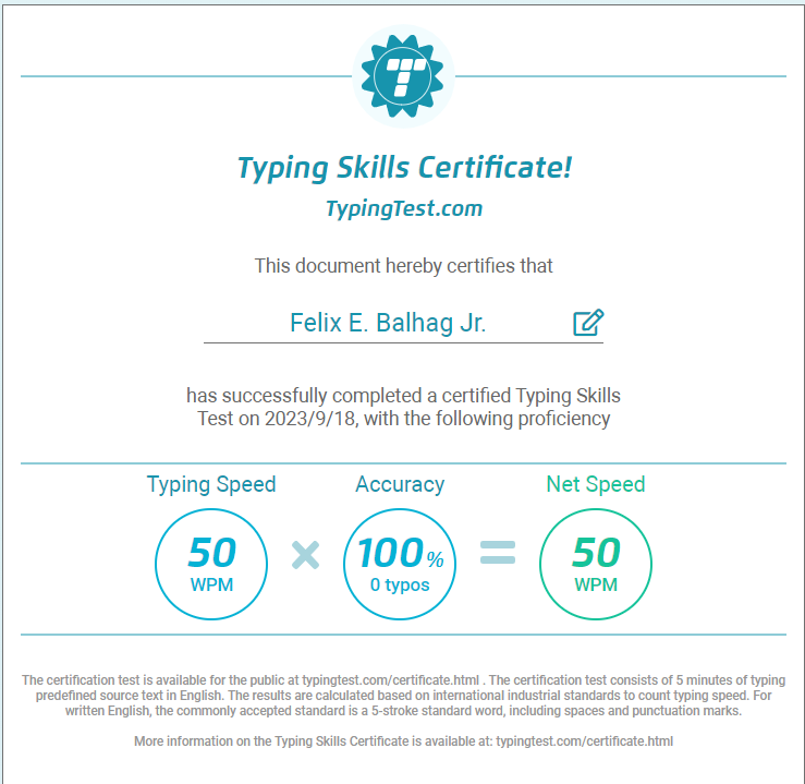 Typing Test Certificate