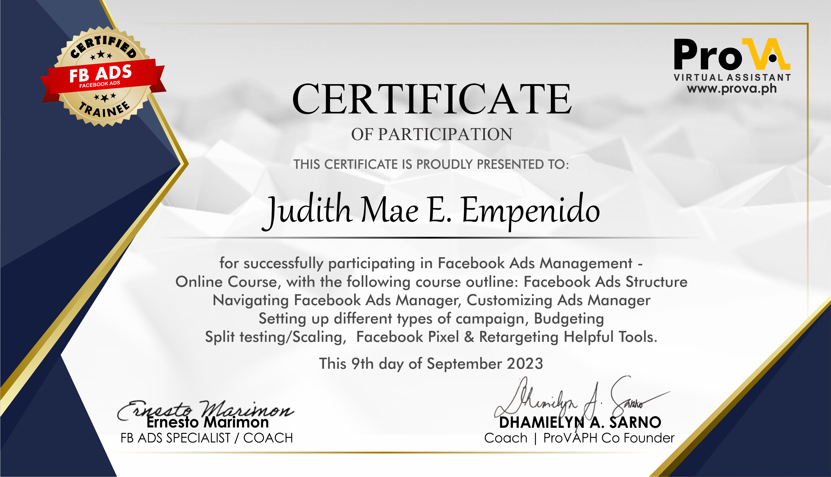 Certificate for Facebook Ads Management