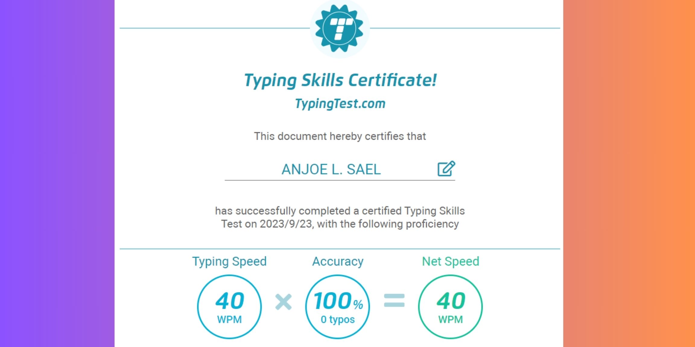 Typing Test Certificate