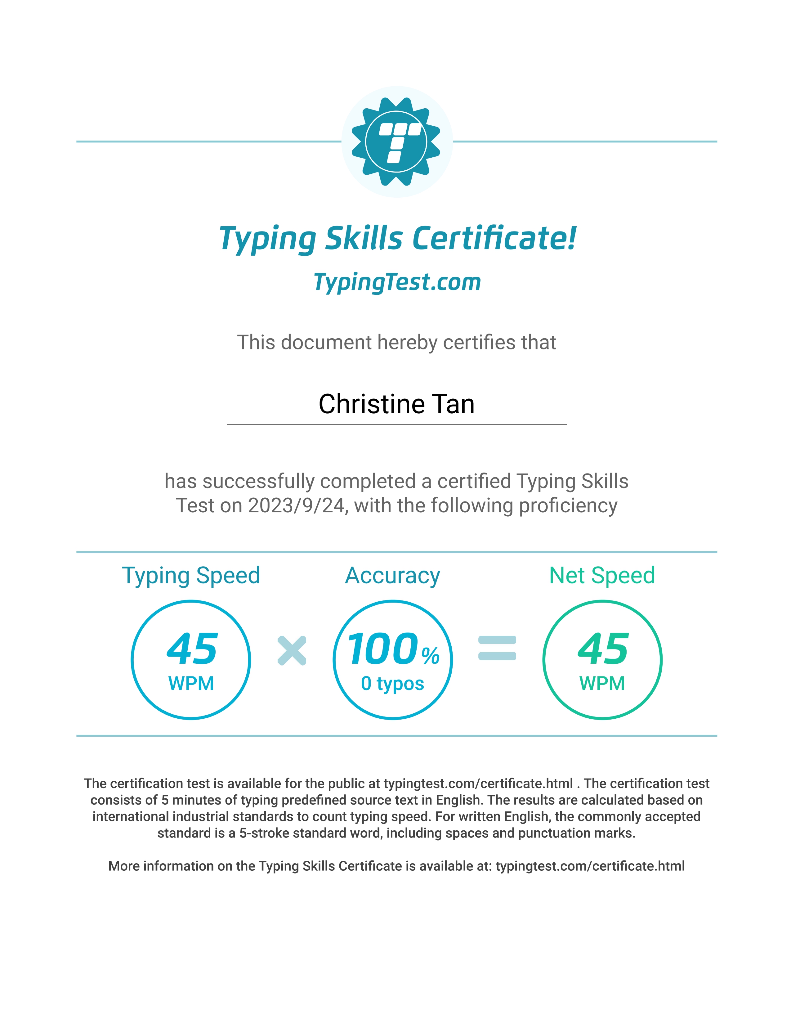 Typing Test Certificate