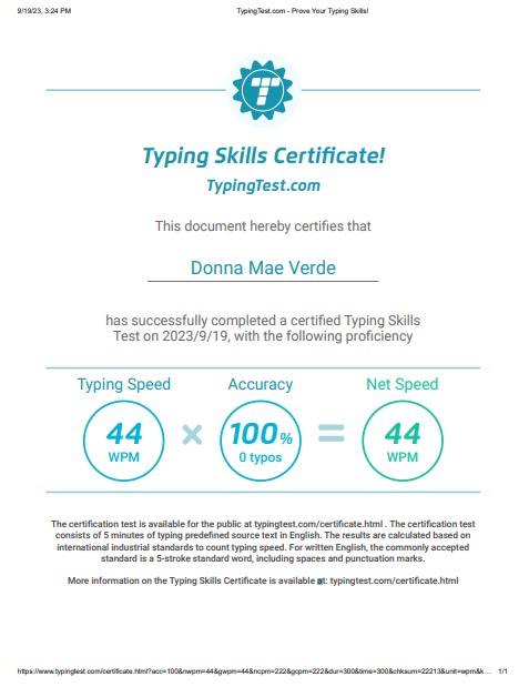 TYPING TEXT SKILLS CERTIFICATE