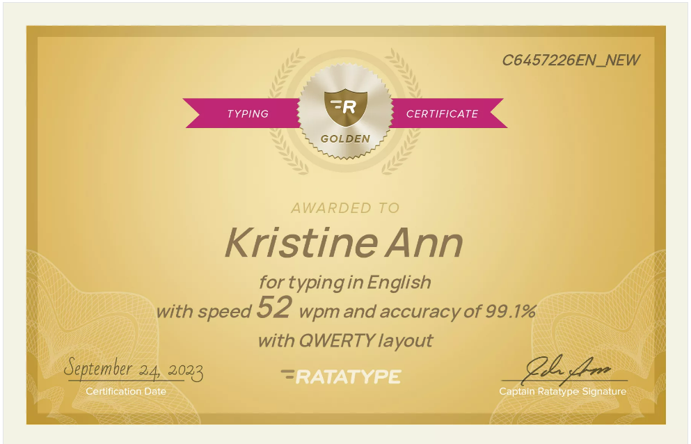 Ratatype Typing Certificate