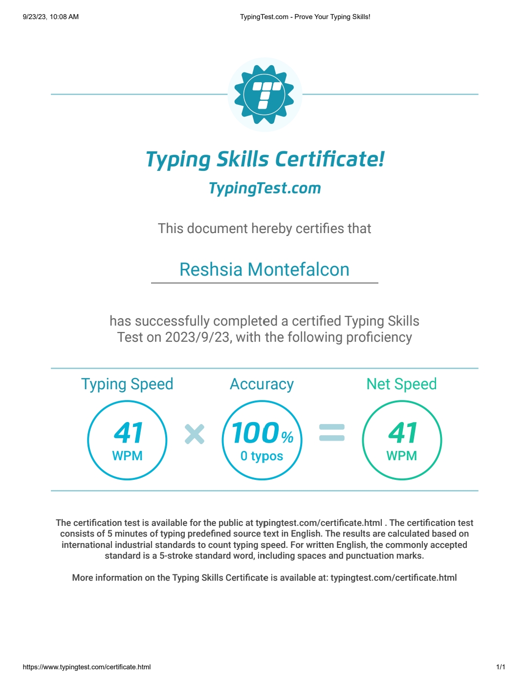 Typing Certificate