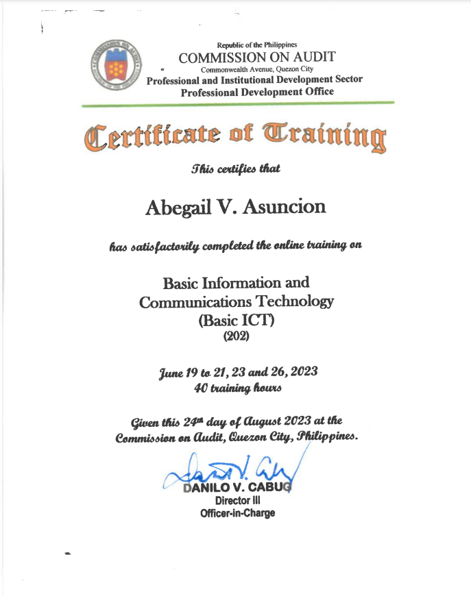 Certificate of Training in BICT