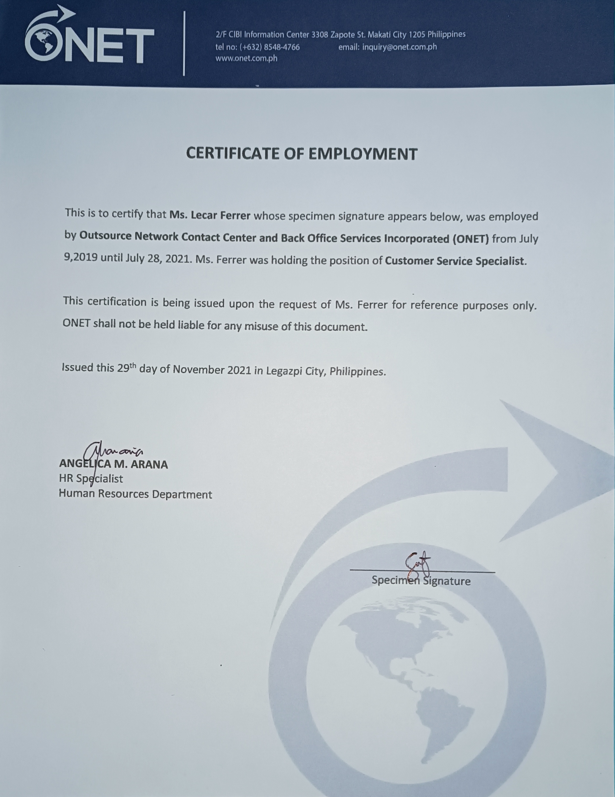 Certificate of Employment