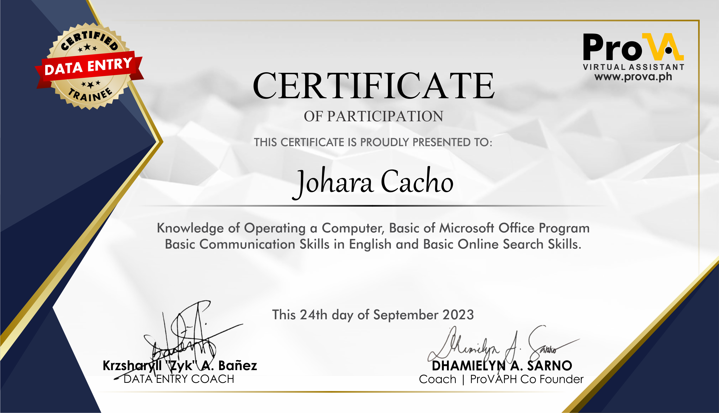 ProVa Data Entry Certificate