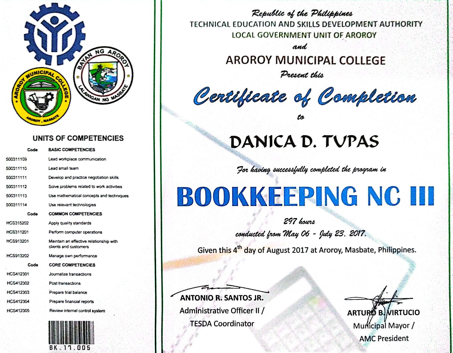 Certificate of Completion on Bookkeeping