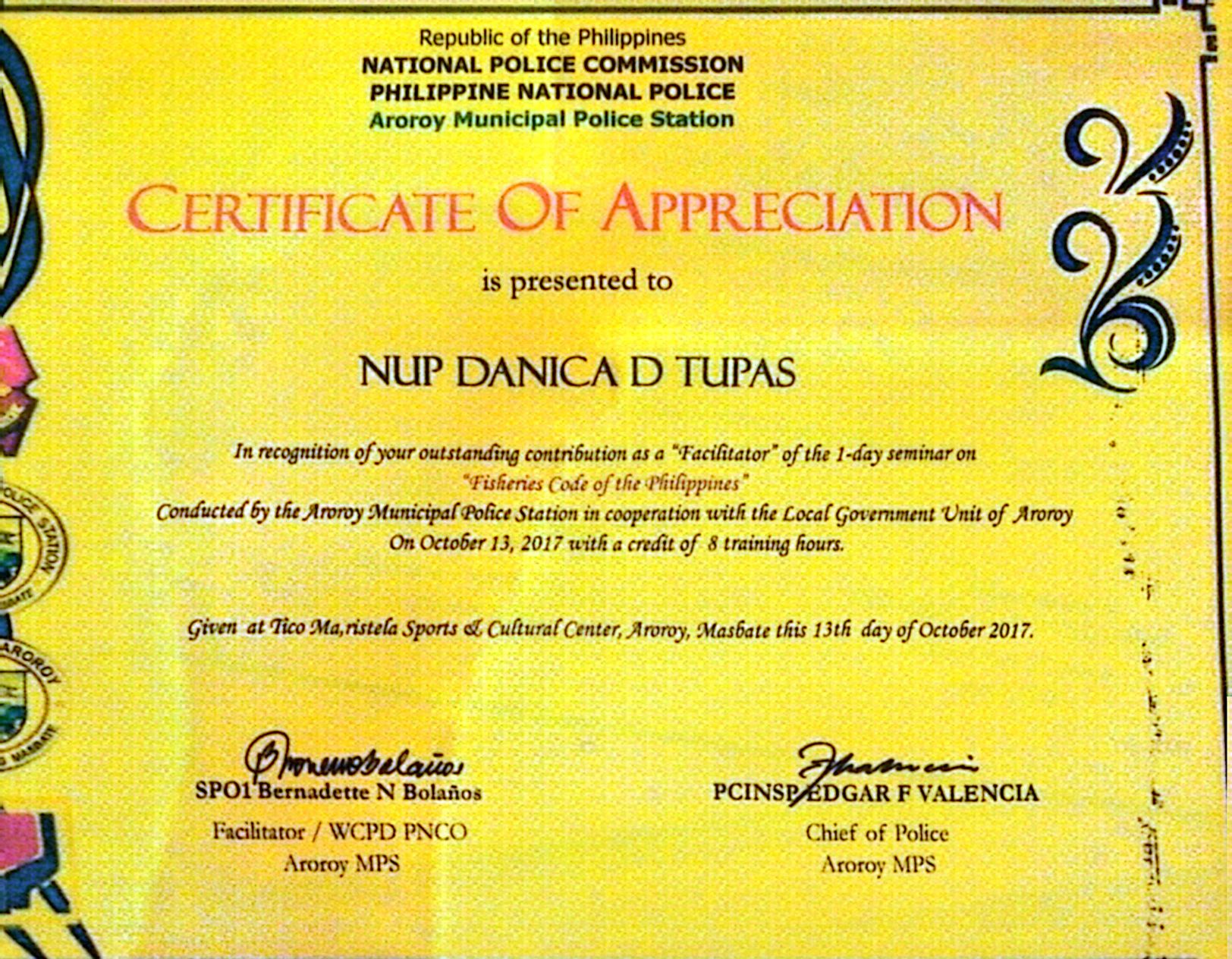 Certificate of Appreciation as Facilitator on Anti-Sexual Harrasment Act of 1995