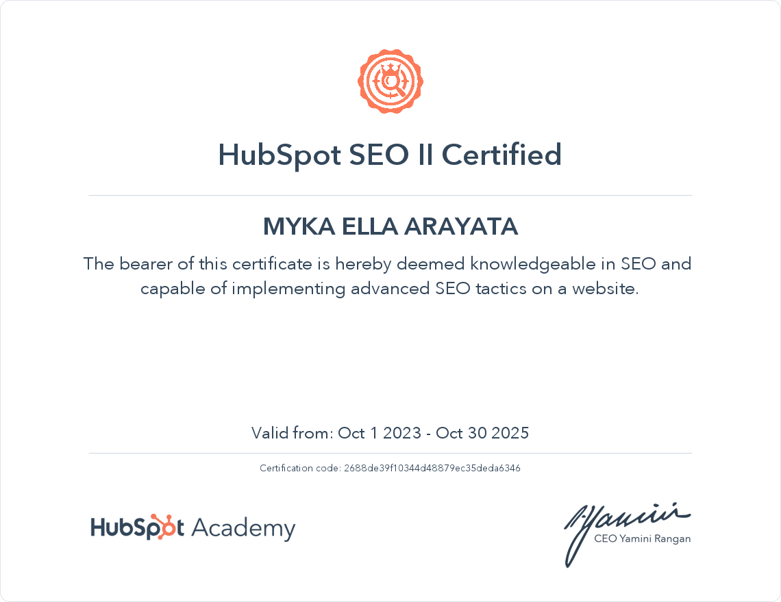 SEO II Certification from HubSpot Academy