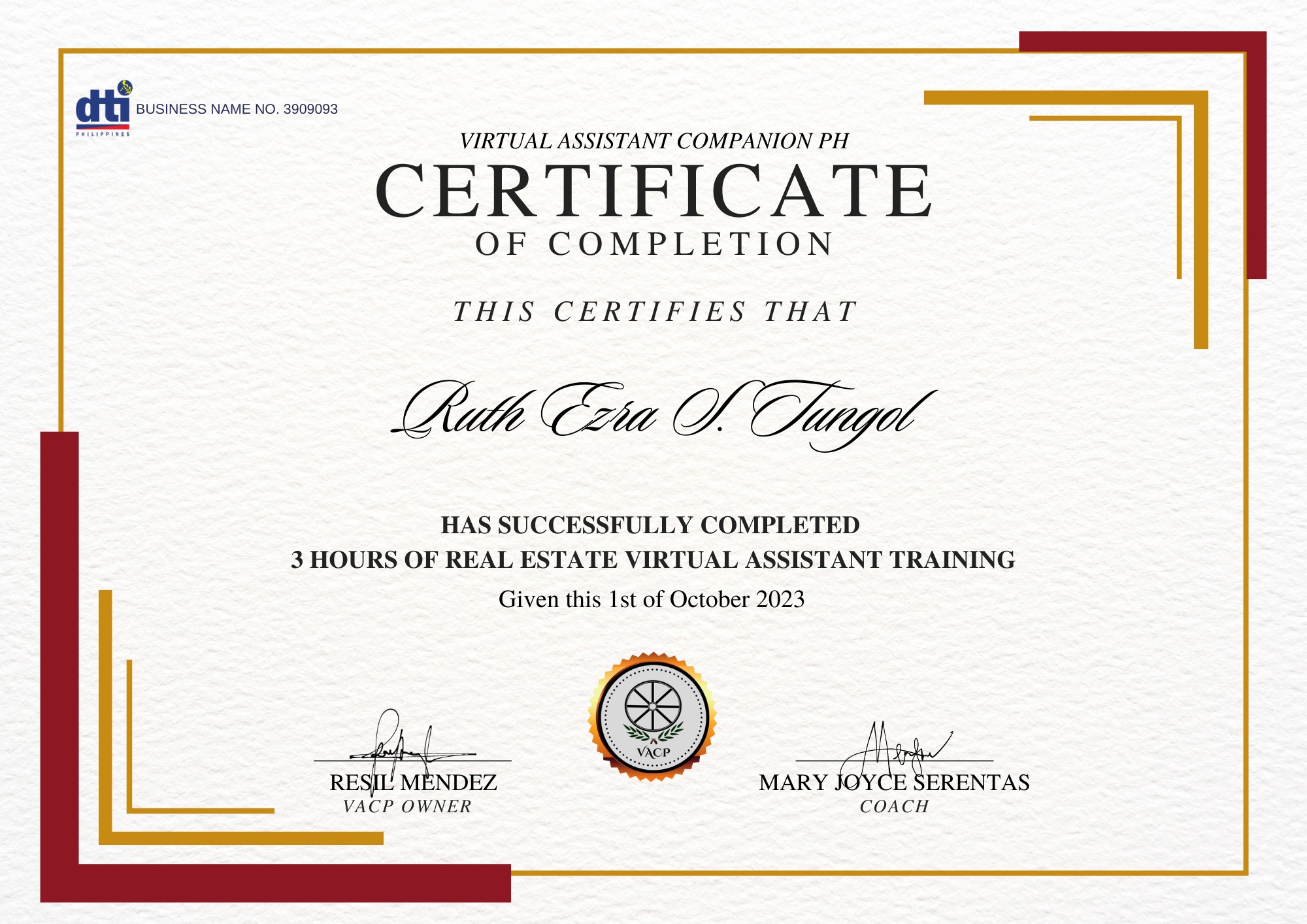 REAL ESTATE VA CERTIFICATE