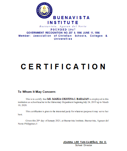 Certificate Buenavista Institute School