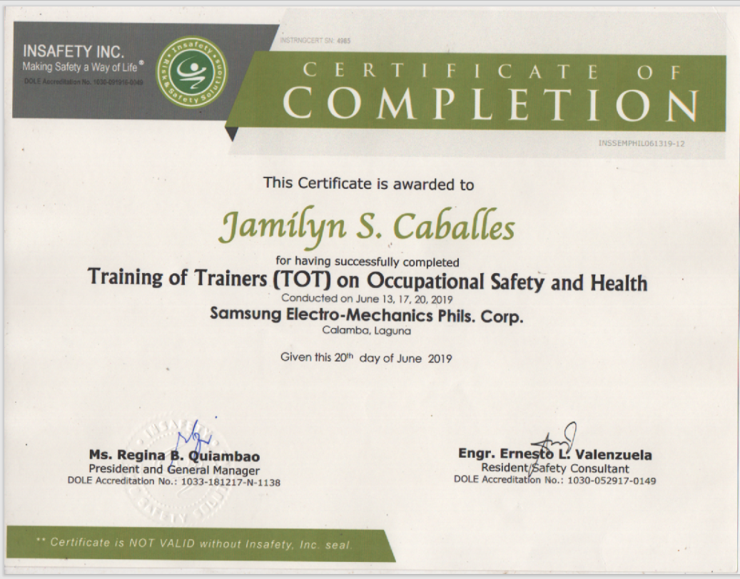 TOT Certificate 2019