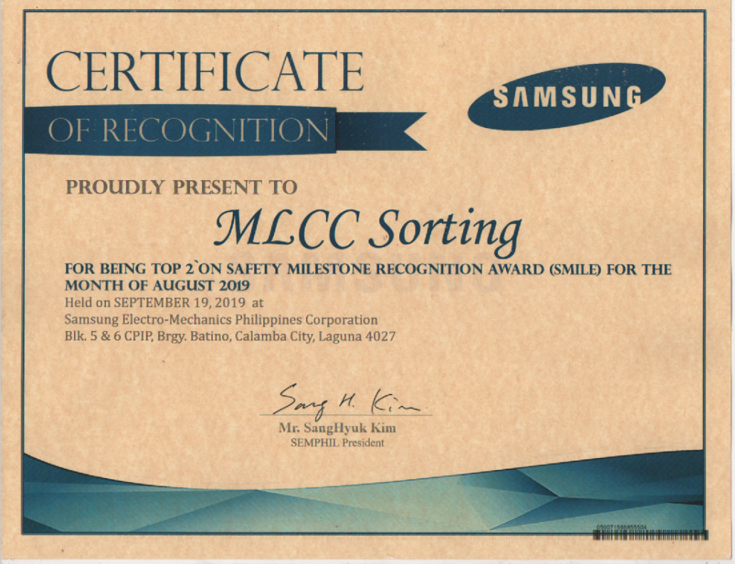 TOP 2 MLCC Sorting Safety Milestone Award Aug. 2019