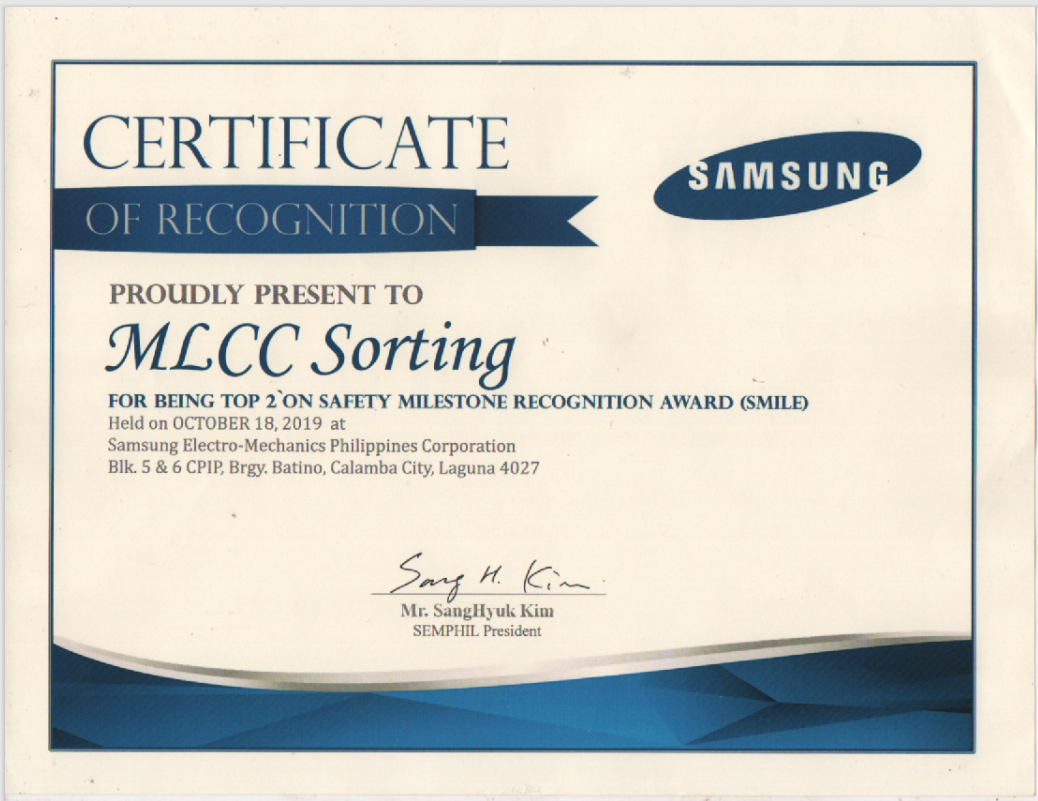 TOP 2 MLCC Sorting Safety Milestone Award Oct. 2019