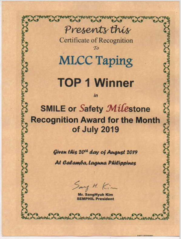 TOP 1 MLCC Taping Safety Milestone Award July 2019