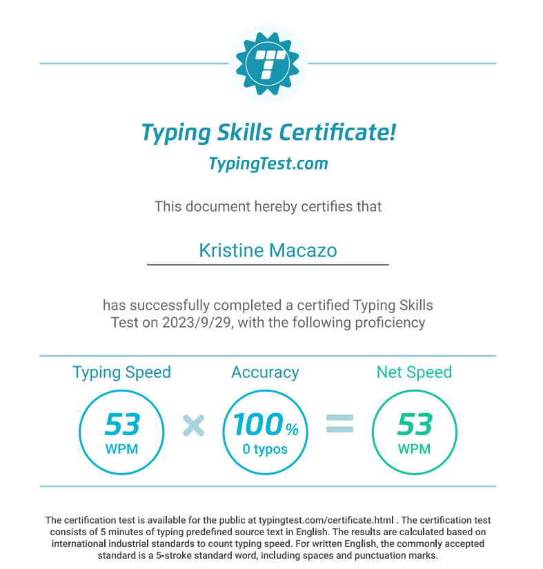 Typing Test Certificate