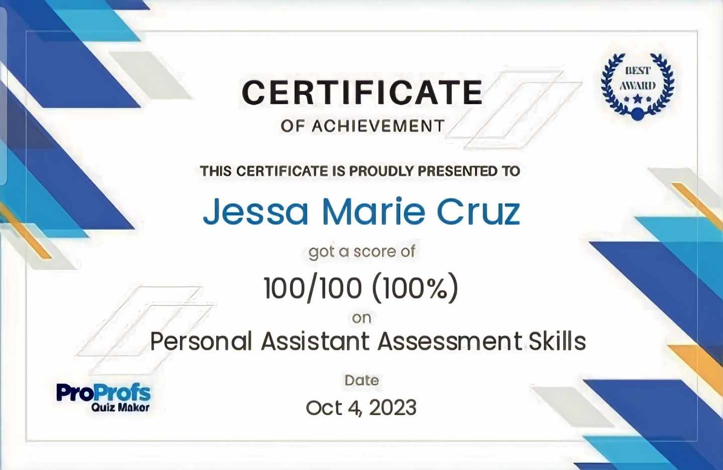 ProProfs Quiz Master Certificate