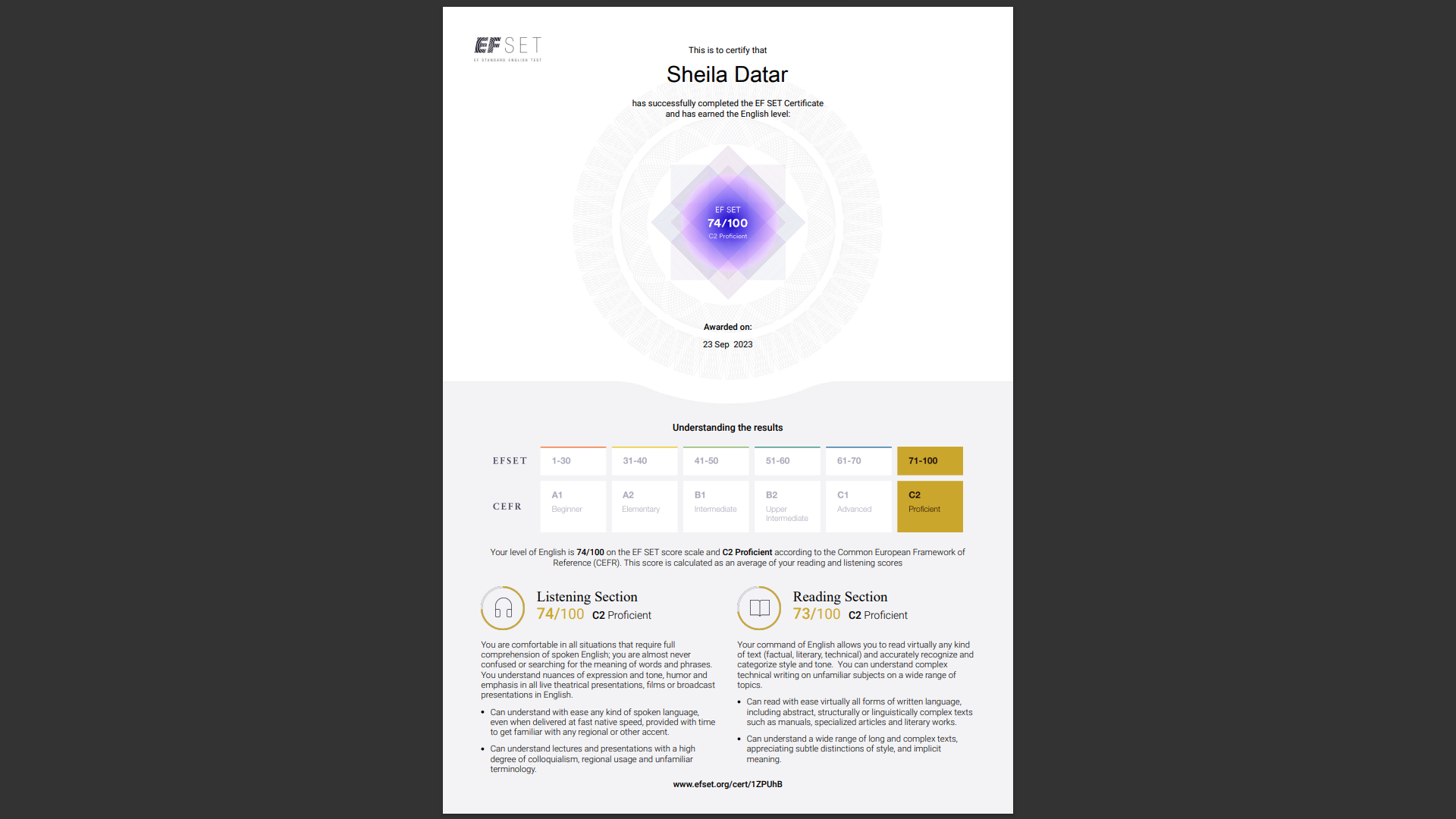 EF SET Certificate