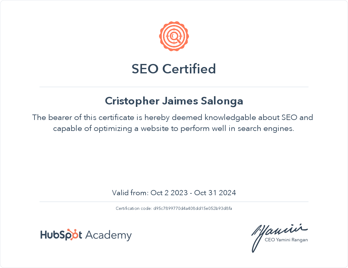 HubSpot Certificate