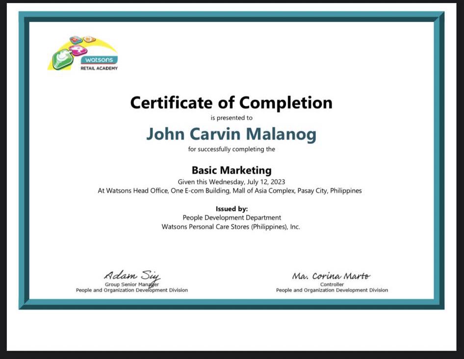 CERTIFICATE- BASIC MARKETING