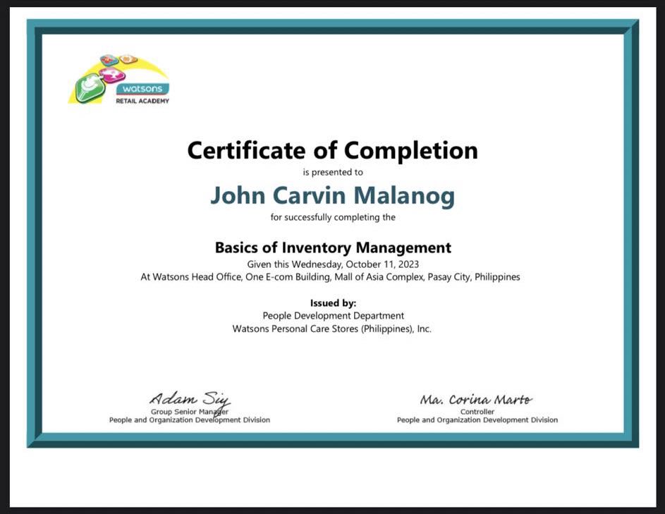 CERTIFICATE - BASIC OF INVENTORY MANAGEMENT