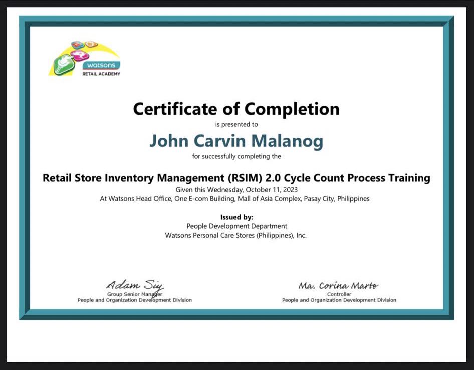 CERTIFICATE - RETAIL STORE INVENTORY MANGEMENT