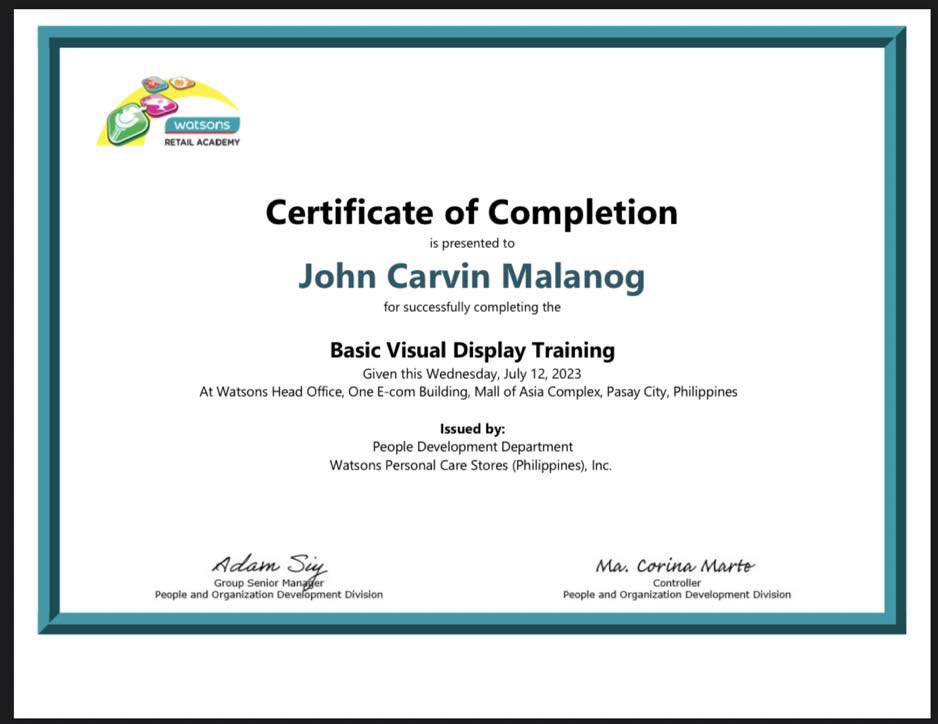 CERTIFICATE- BASIC VISUAL DISPLAY TRAINING