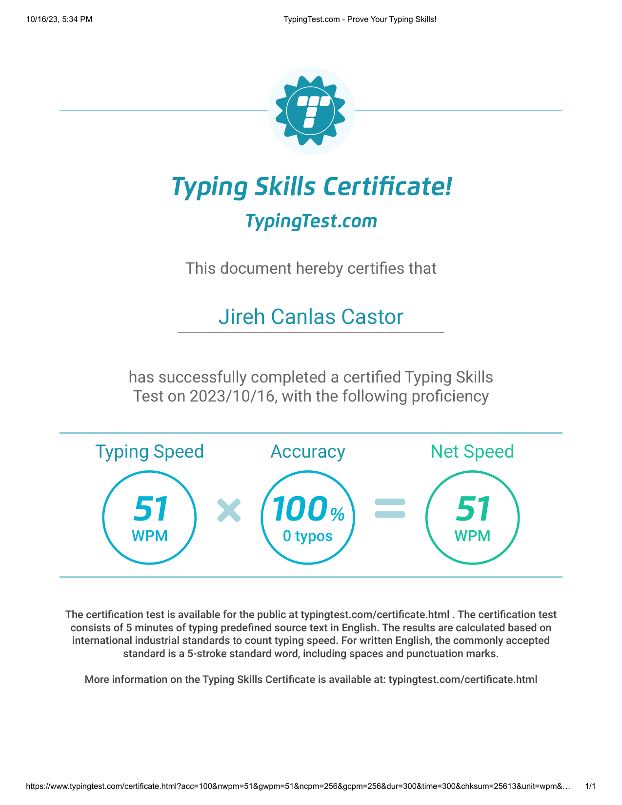 Certified Typing Skills Test