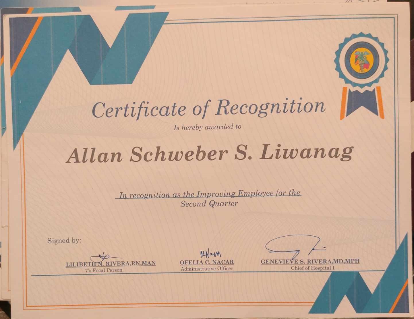 Certificate of Recognition : Improving Employee for the Second Quarter