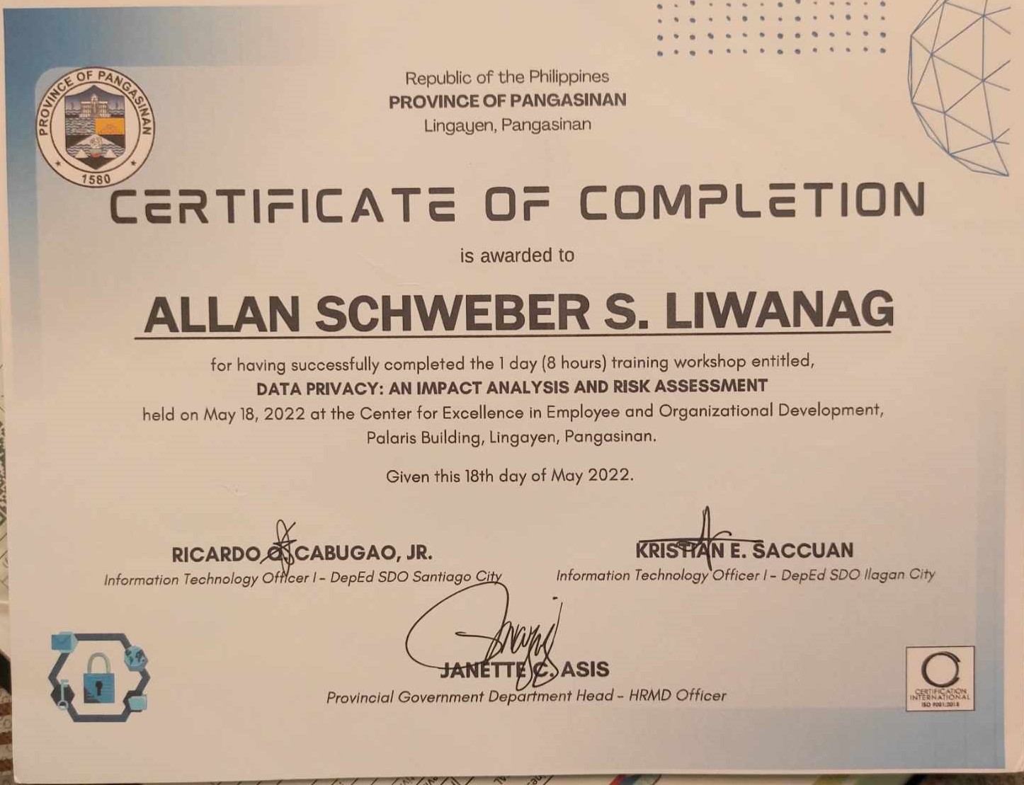Certificate of Completion: DATA PRIVACY AN IMPACT ANALYSIS AND RISK ASSESMENT