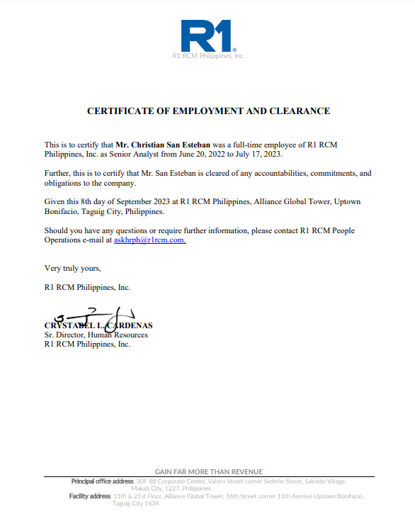 R1RCM Certificate of Employment