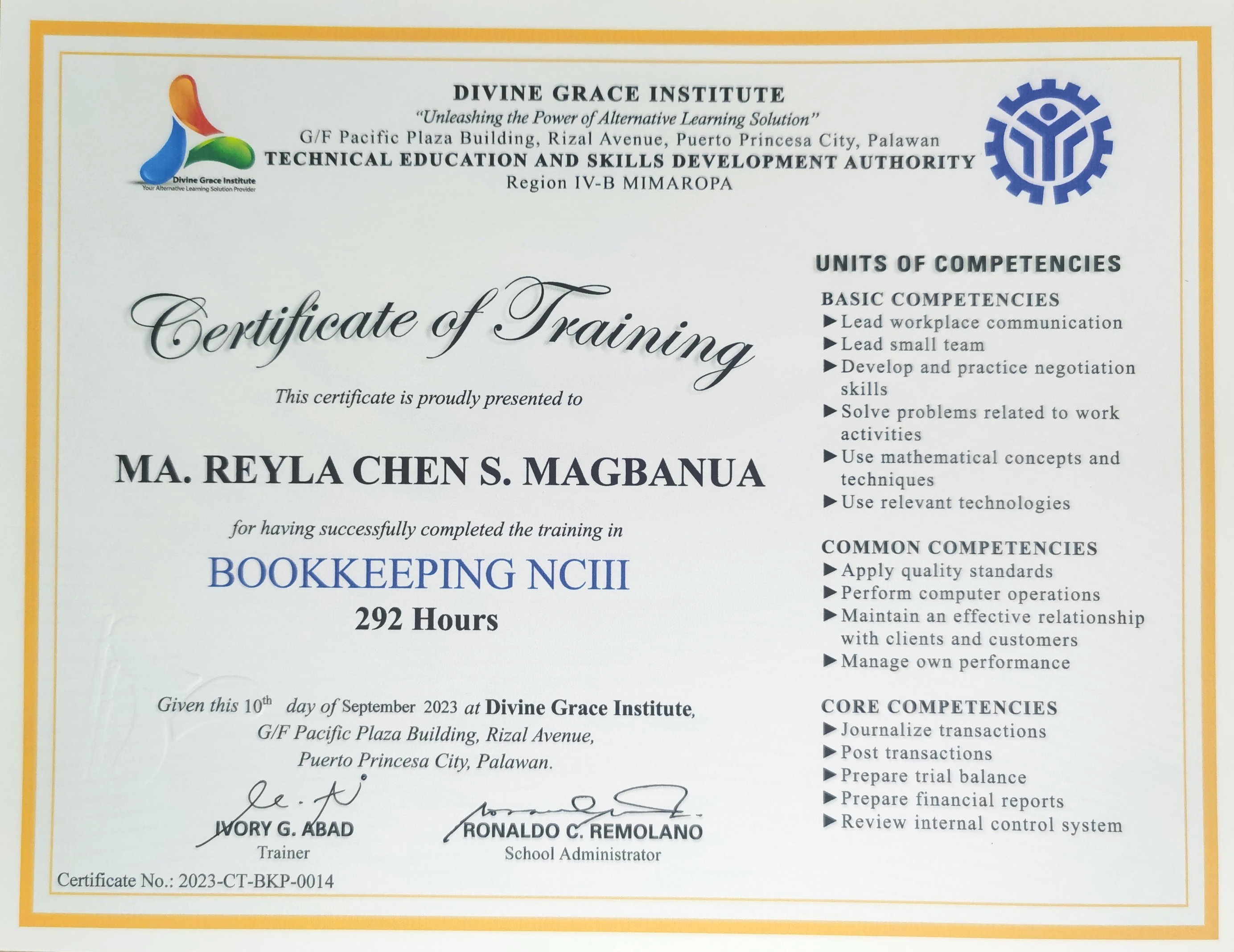 Certificate of Achievement  in Bookkeeping NC III