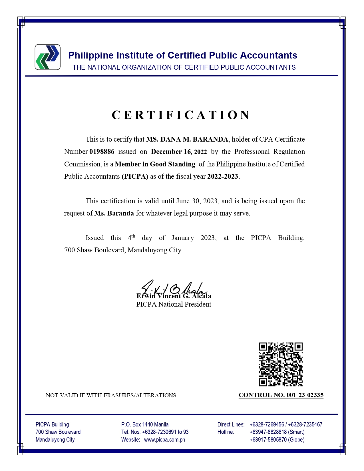 Certificate of Member in Good Standing