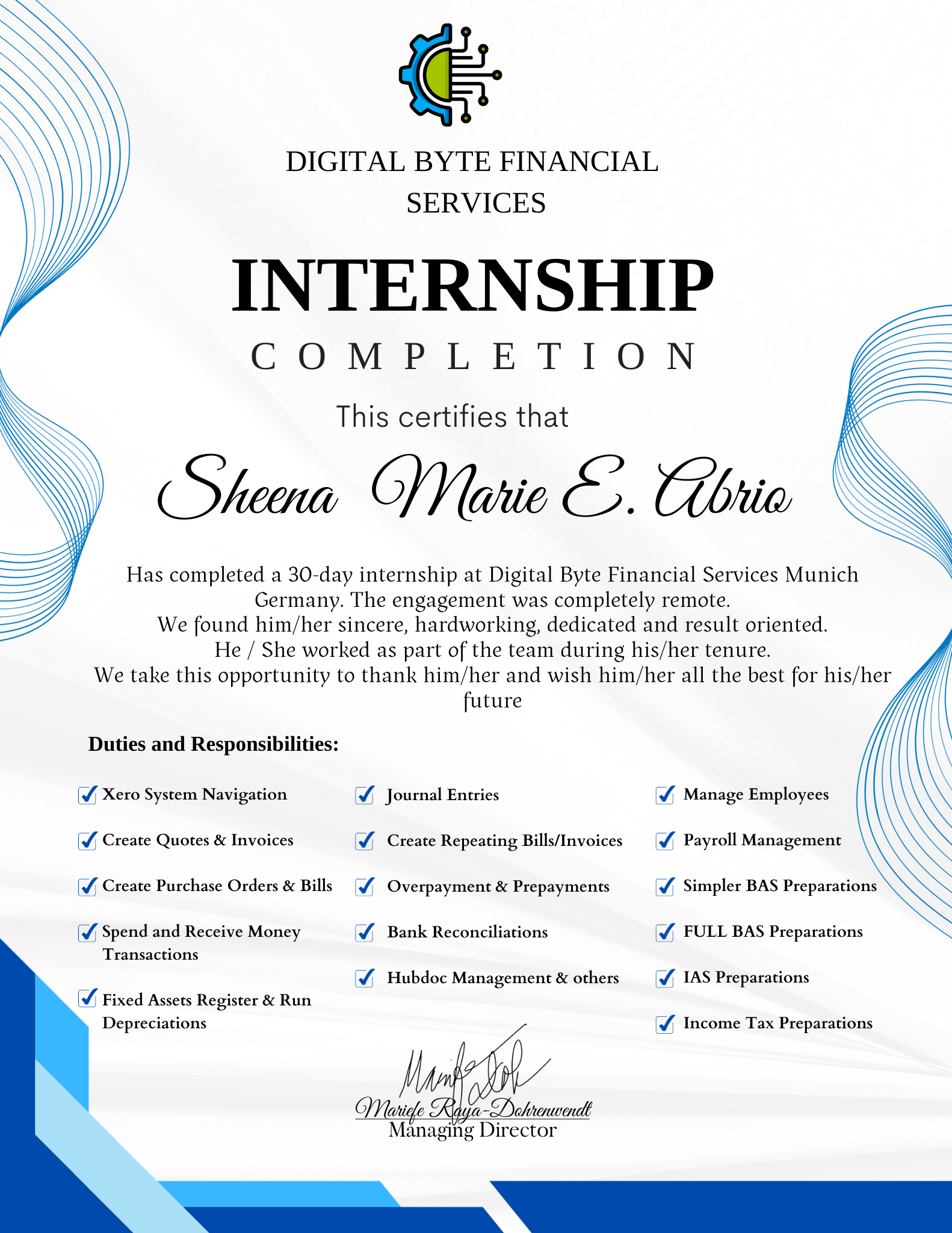 XERO- INTERSHIP COMPLETION CERTIFICATE