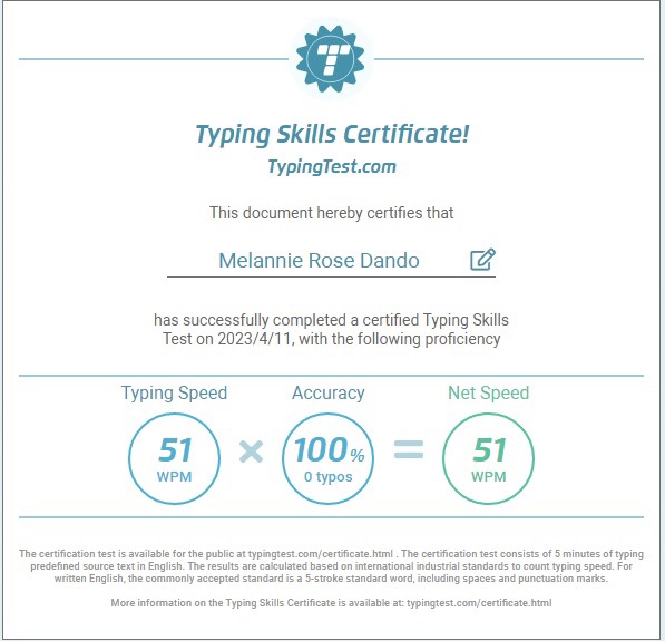 Typing Test Certificate