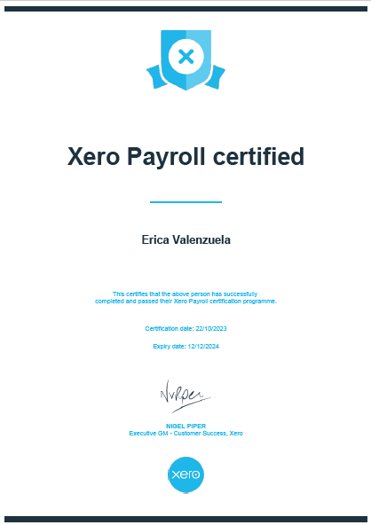 XERO Payroll Certificate