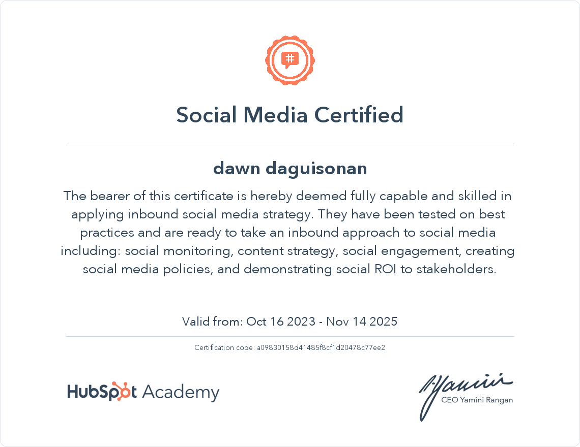 Hubspot Academy Certificate