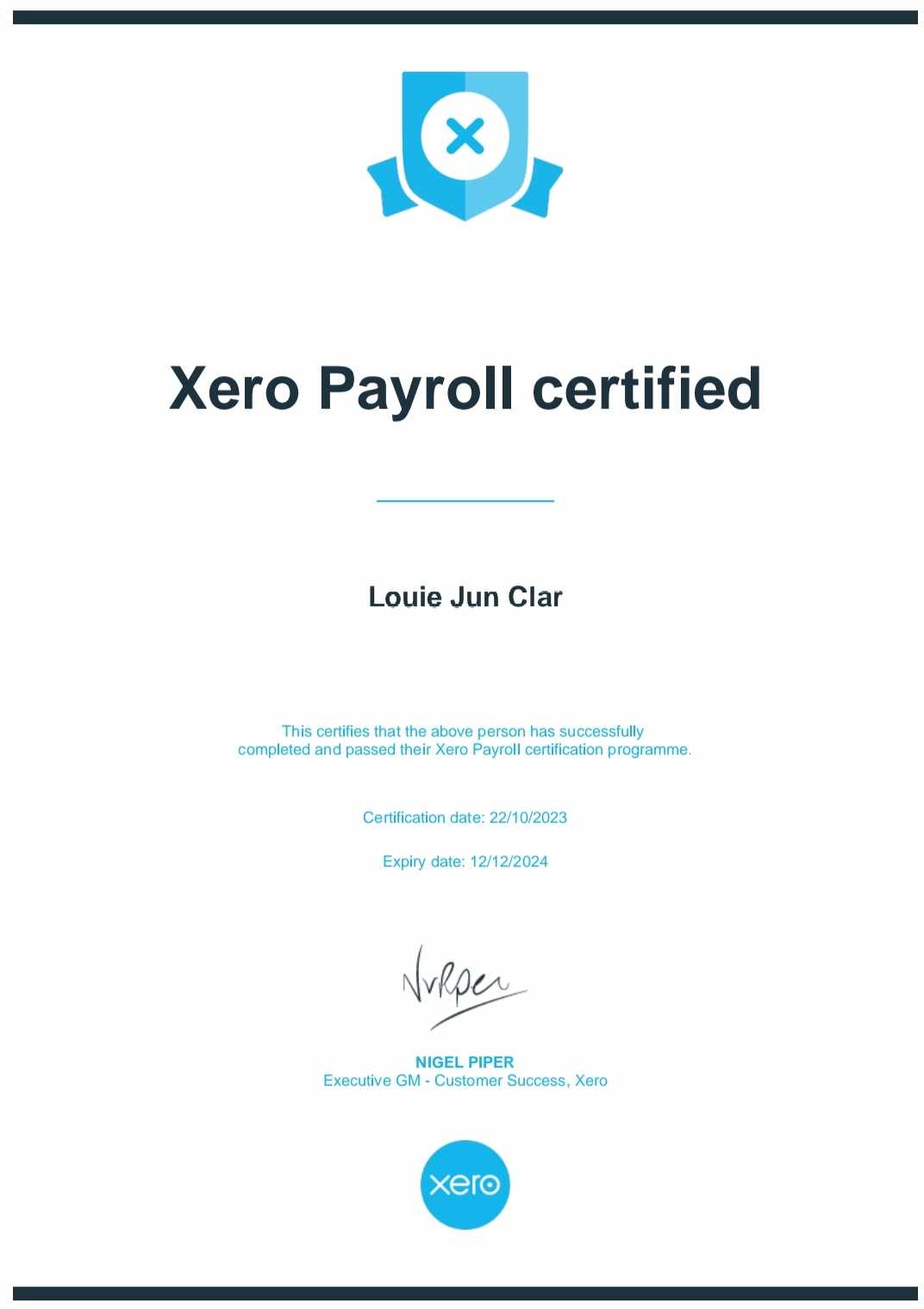 Xero Payroll Certificate