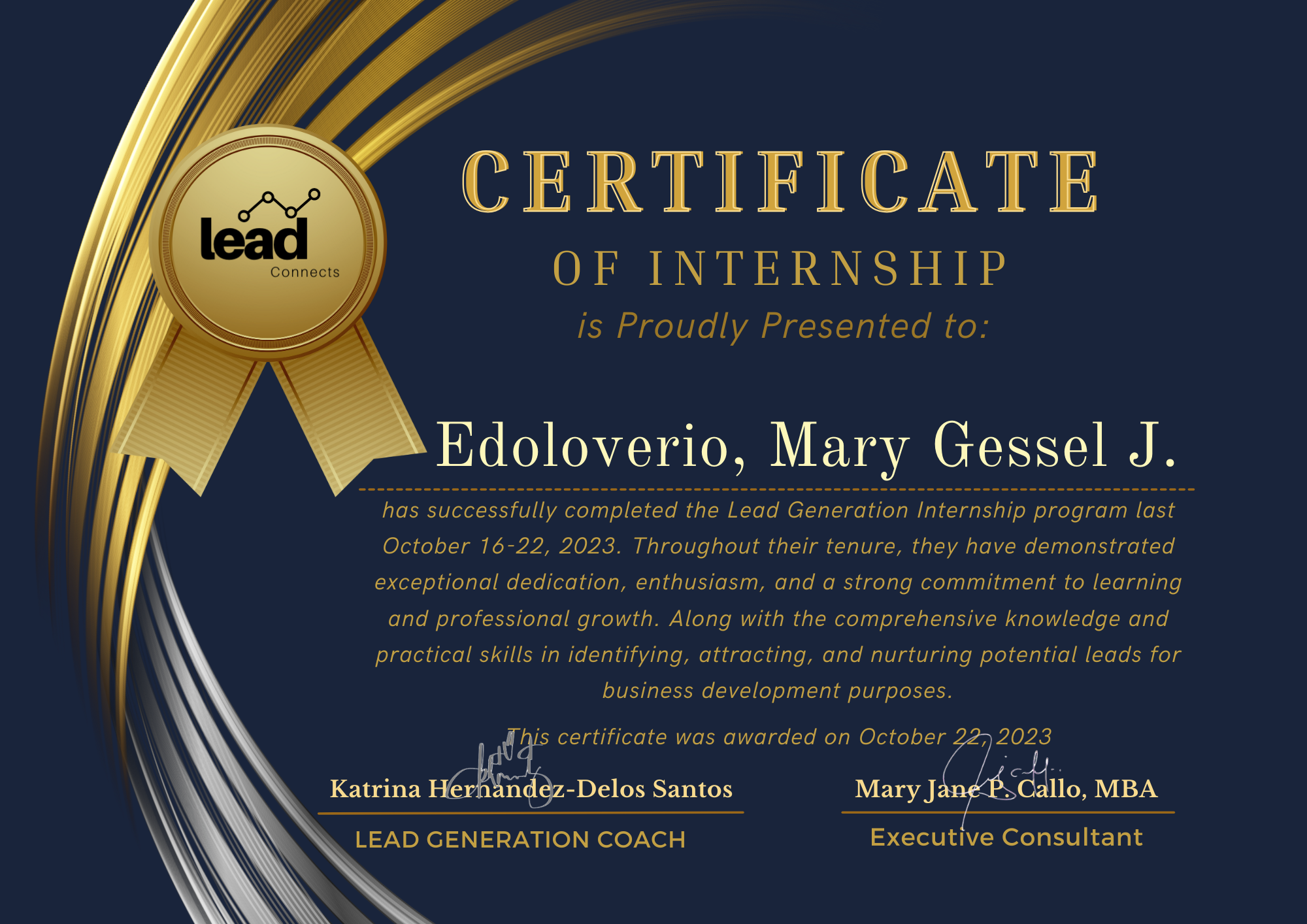 Certificate of Internship (Lead Generation Internship Program October 16-22,2023)