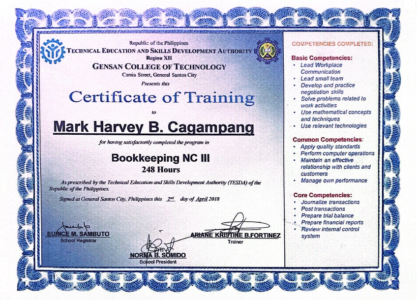 Certificate of Training Bookkeeping NC 3