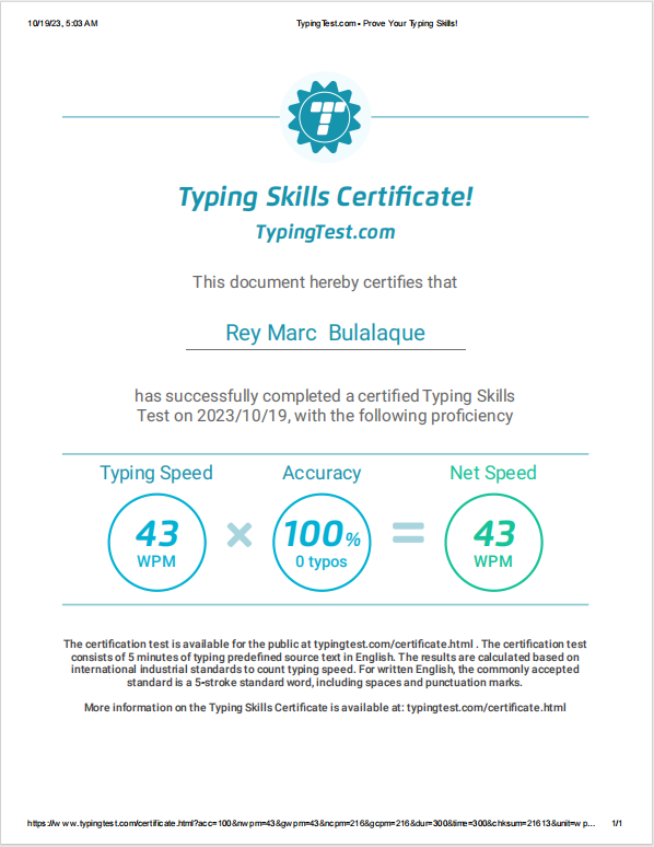 Typing Test Certificate