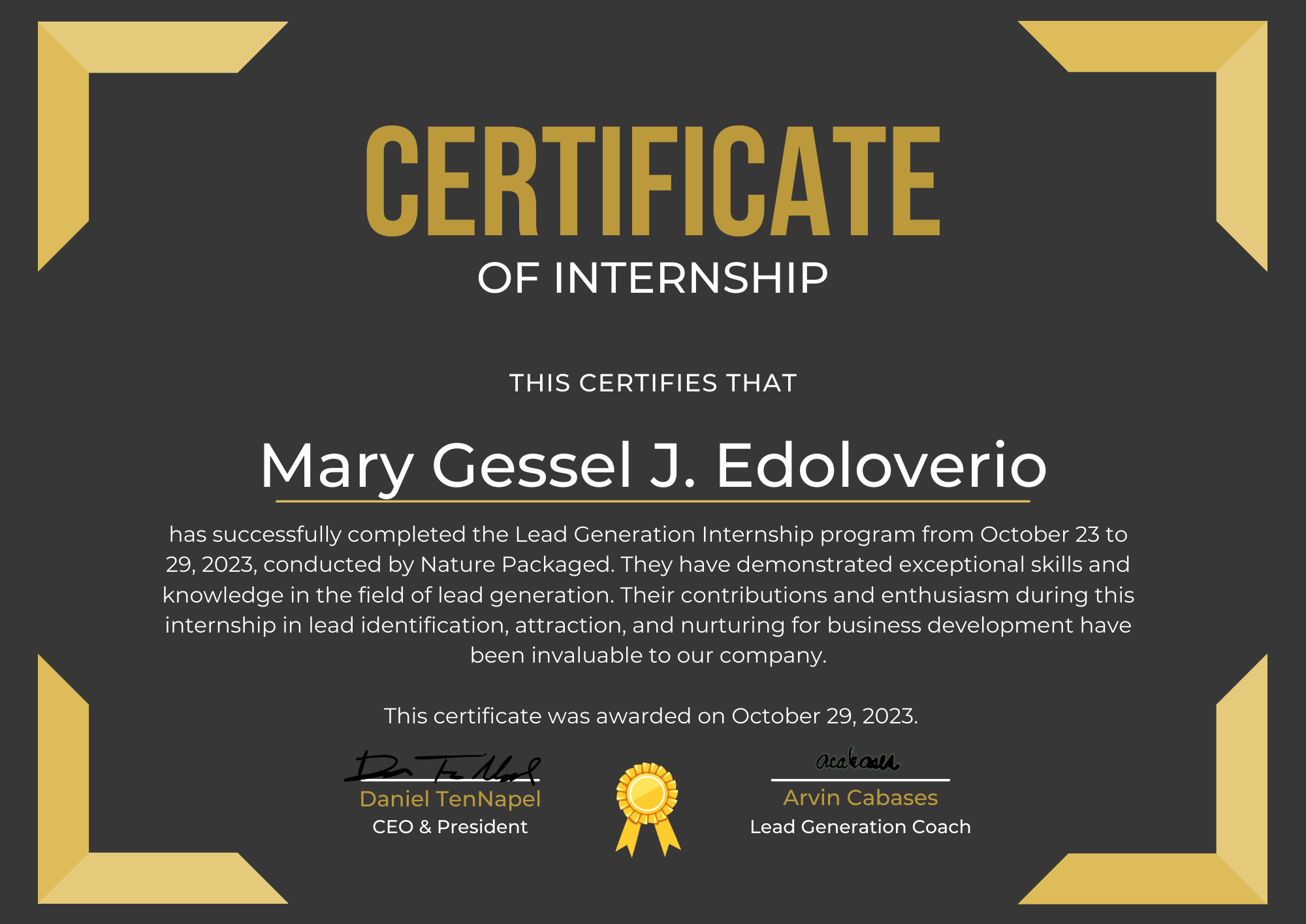 Lead Generation Internship Certificate from Nature Packaged Company