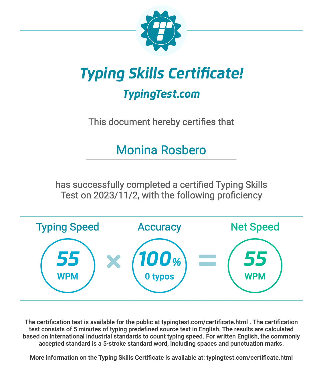 Typing Test Certificate