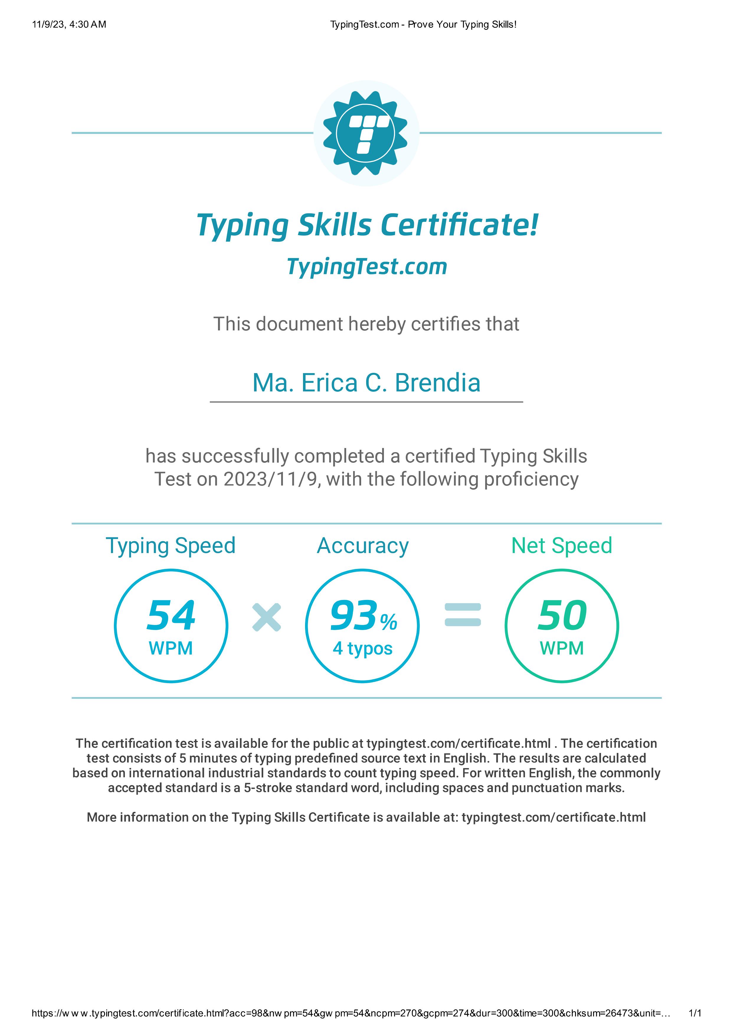 TYPING TEST CERTIFICATE