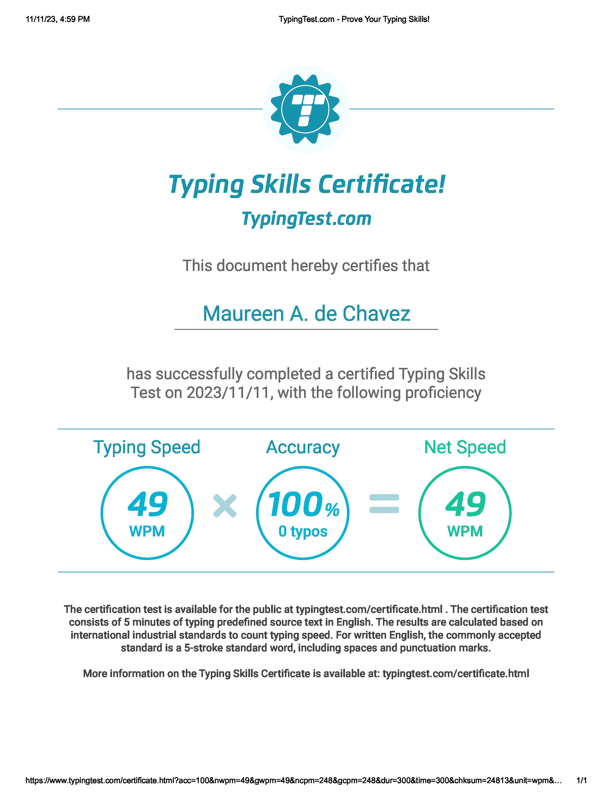 Typing Test Certificate