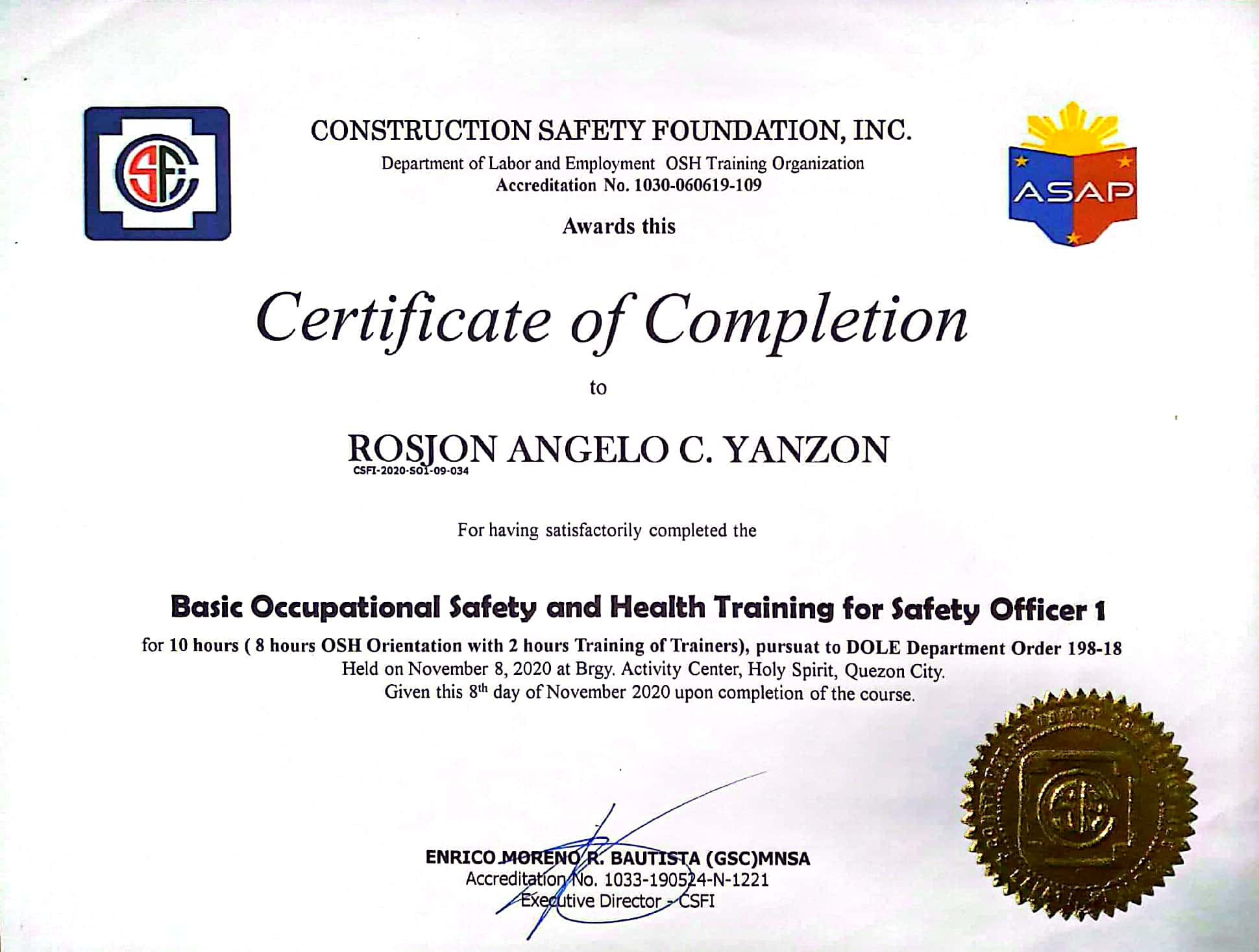 Basic Occupational Safety and Health Training for Safety Officer 1