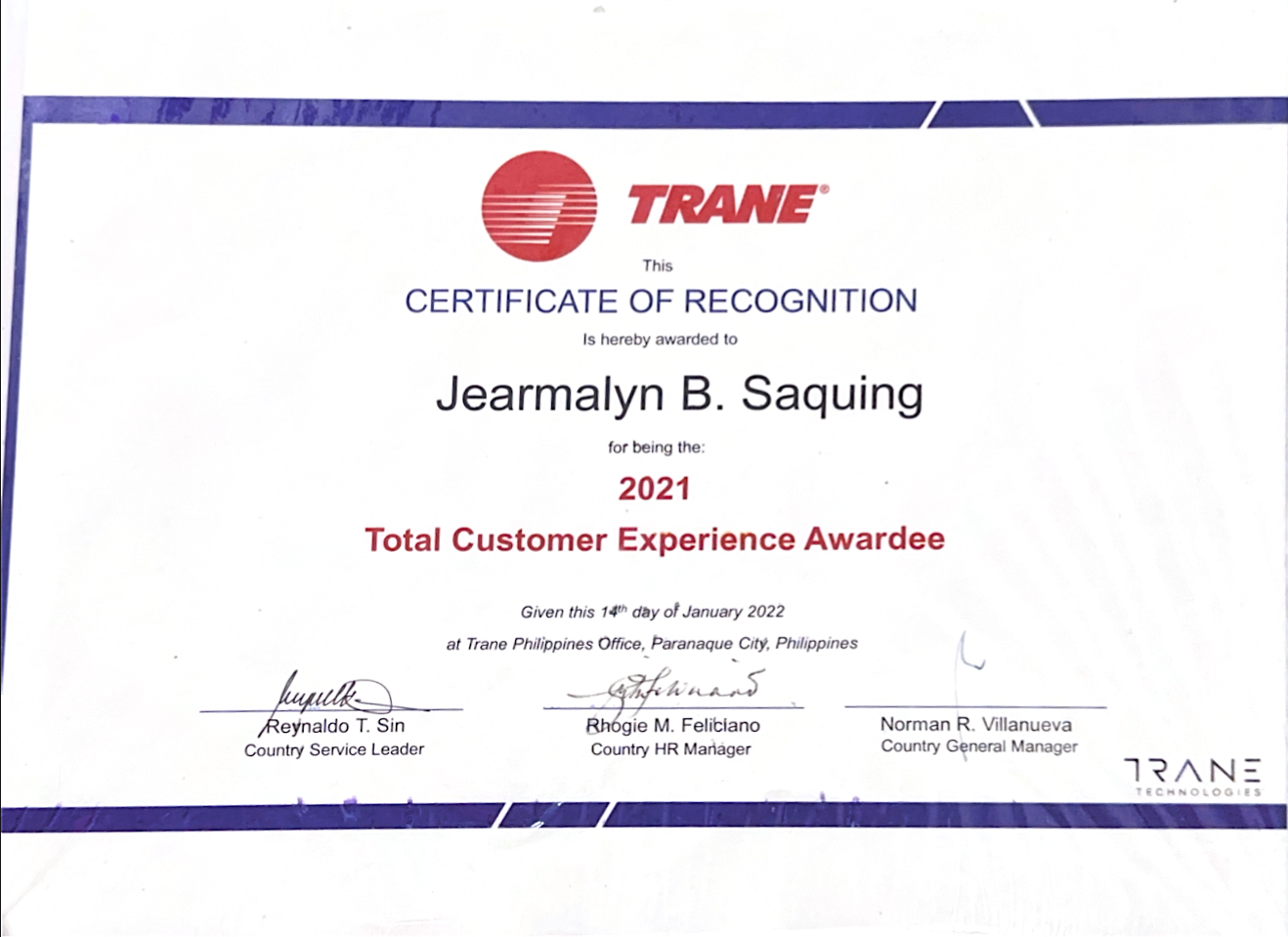 Total Customer Experience Awardee 2021- Top Sales for aftermarket with PHP100M sales