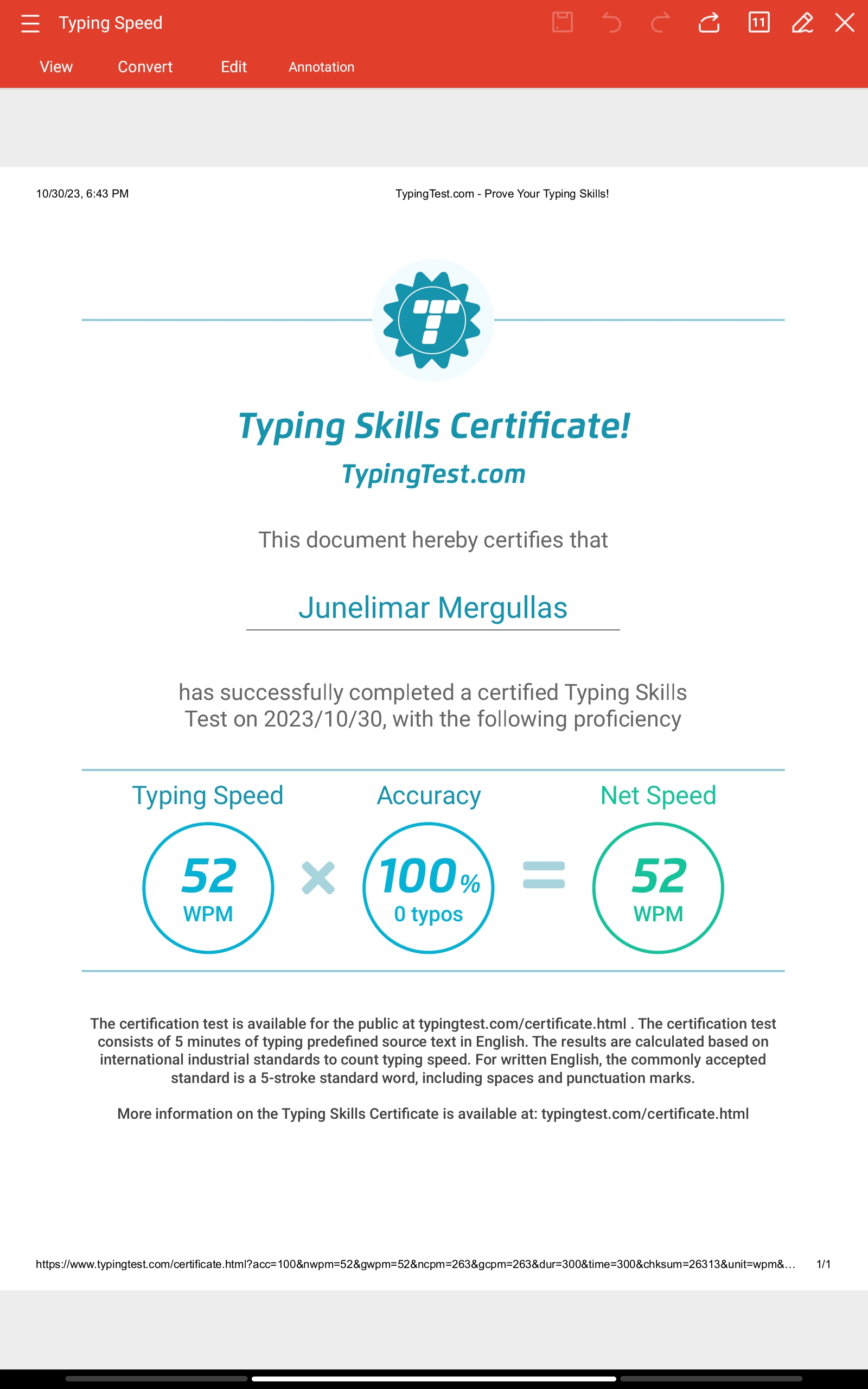 Typing Skills Certificate