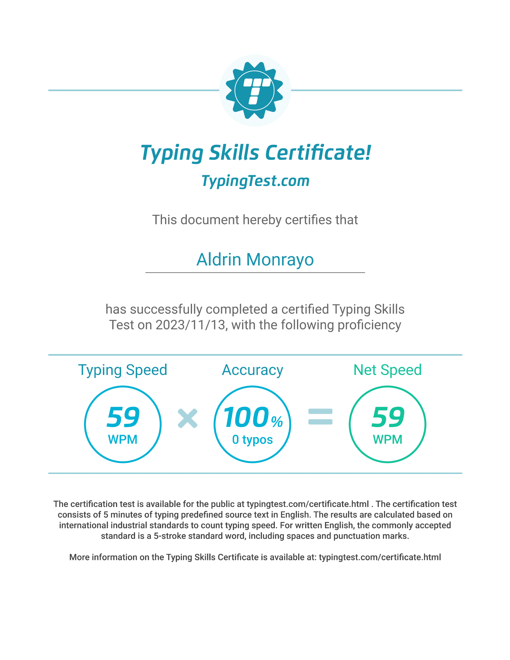 Typing Skills Certificate