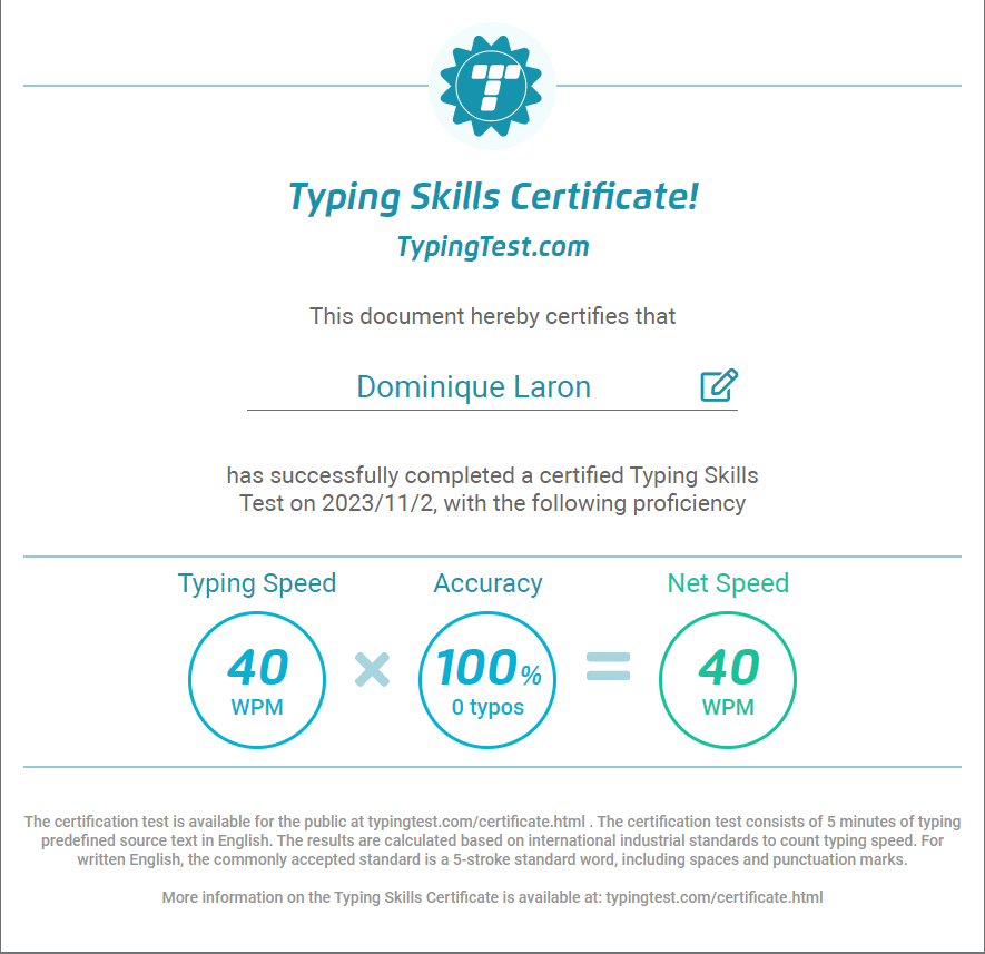 Typing Skills Certificate